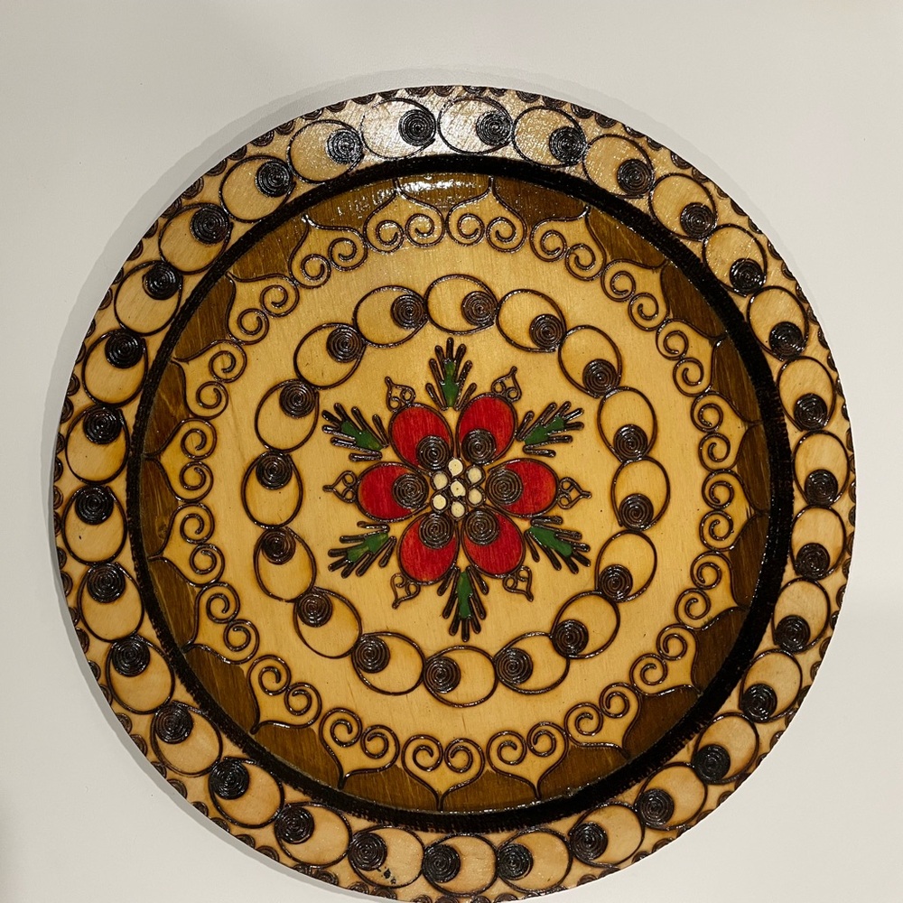 Vintage Wood Plate with Burnt Cravings. Made in Poland